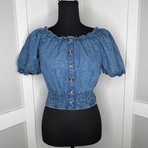 Vintage Y2K Speed Limit Crop Top Womens Medium Blue Denim Chambray Puff Sleeve